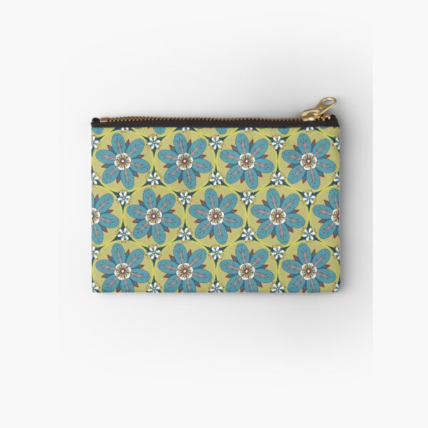Item preview, Geometric pattern of blue rosette flowers on green circles designed and sold by colorofmagic.