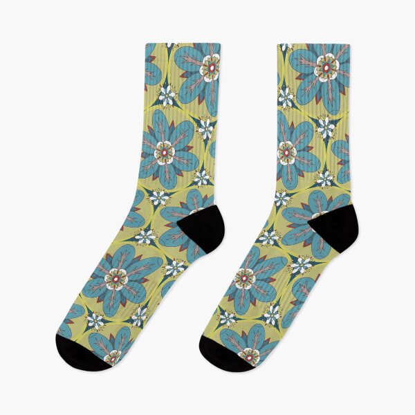 Item preview, Geometric pattern of blue rosette flowers on green circles designed and sold by colorofmagic.
