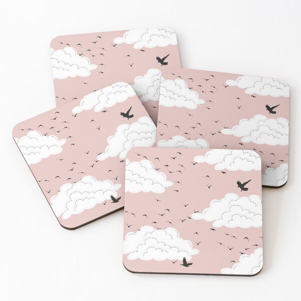 Item preview, Abstract Pink Sky with black birds Illustration | White clouds designed and sold by Choregirl.