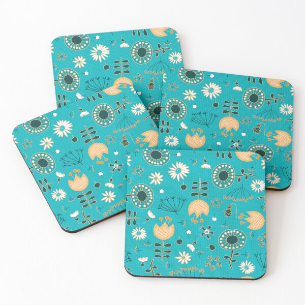 Item preview, Scattered retro flowers on textured turquoise designed and sold by colorofmagic.