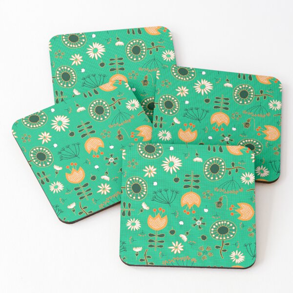 Item preview, Scattered retro flowers on textured green designed and sold by colorofmagic.