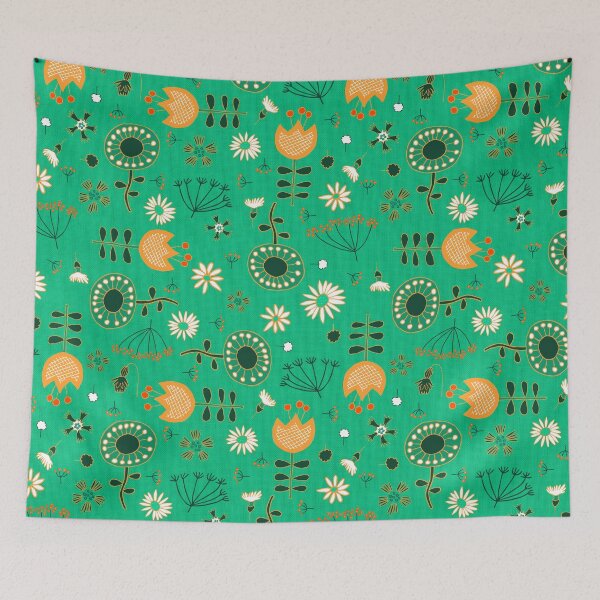 Item preview, Scattered retro flowers on textured green designed and sold by colorofmagic.