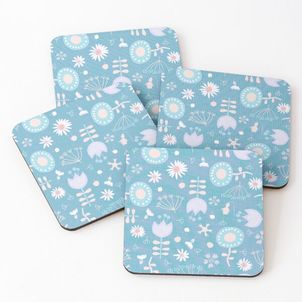 Item preview, Scattered retro flowers on textured light blue designed and sold by colorofmagic.