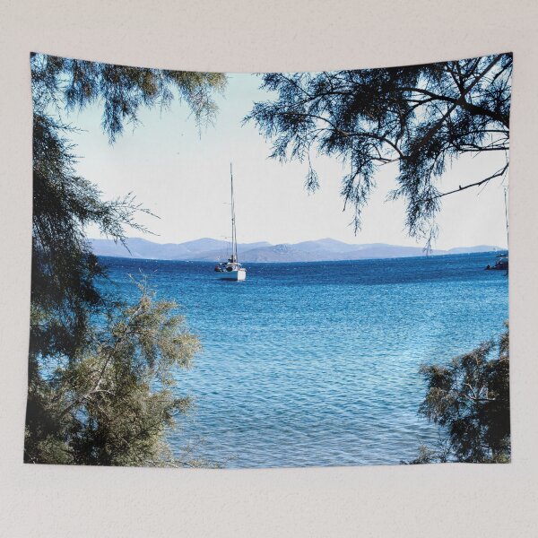 Item preview, Sailing on Ocean, Sailboat Photo, Trees on Beach designed and sold by IdoFriedmanArt.