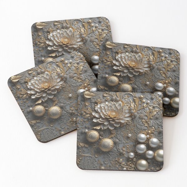 Item preview, Flowers, ornaments and pearls in gray and gold - 3D relief #55 designed and sold by GoldenEraArt.