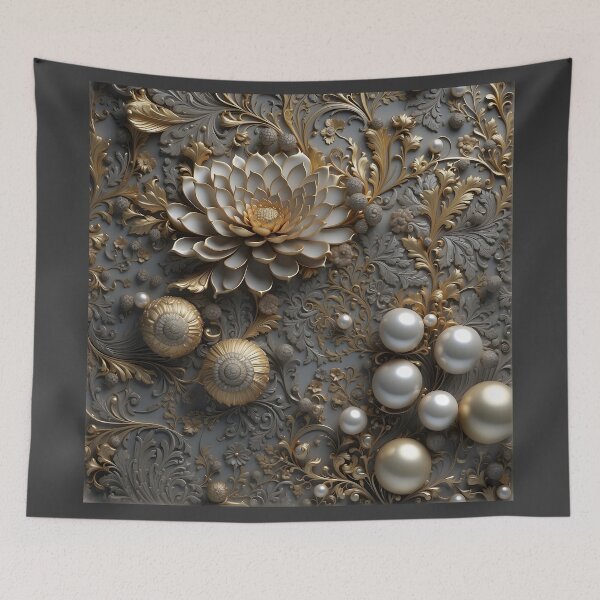 Item preview, Flowers, ornaments and pearls in gray and gold - 3D relief #55 designed and sold by GoldenEraArt.