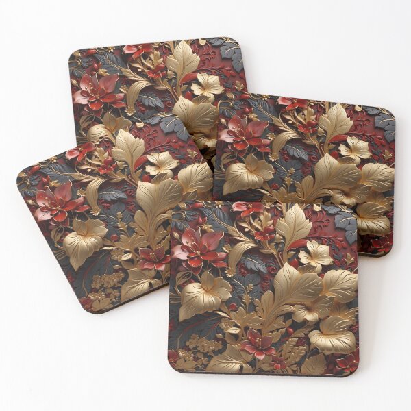 Item preview, Flowers and leaves in dark red, black and gold - 3D relief #57 designed and sold by GoldenEraArt.