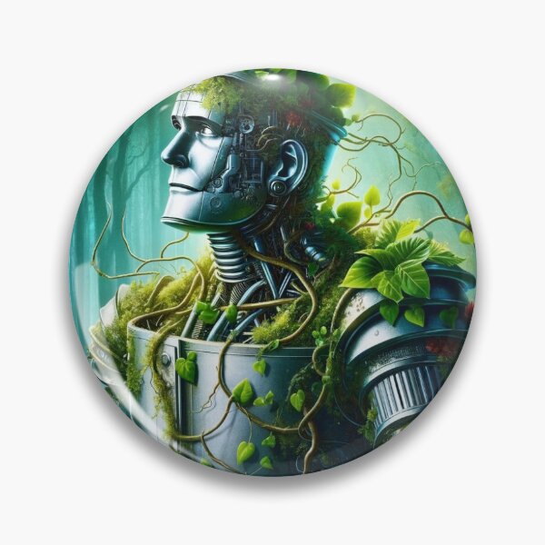 Item preview, A portrayal of the Tin Man in a transitional phase of evolution, blending mechanical and organic elements, in a lush forest. Vines and leaves designed and sold by quantum X.