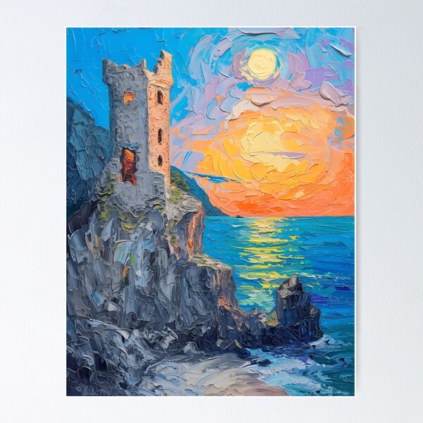 A Painting of the Ruined Castle on the Cliff by the Beach Poster