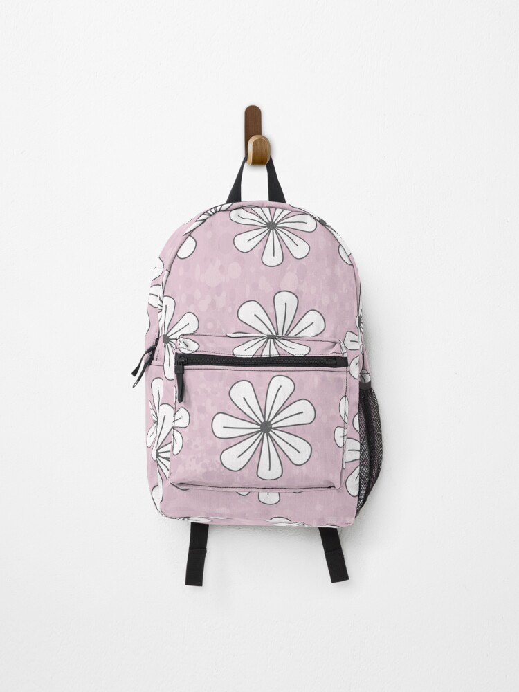 Thumbnail 1 of 3, Backpack, White Flowers Pink Background designed and sold by CarlaBaremb.