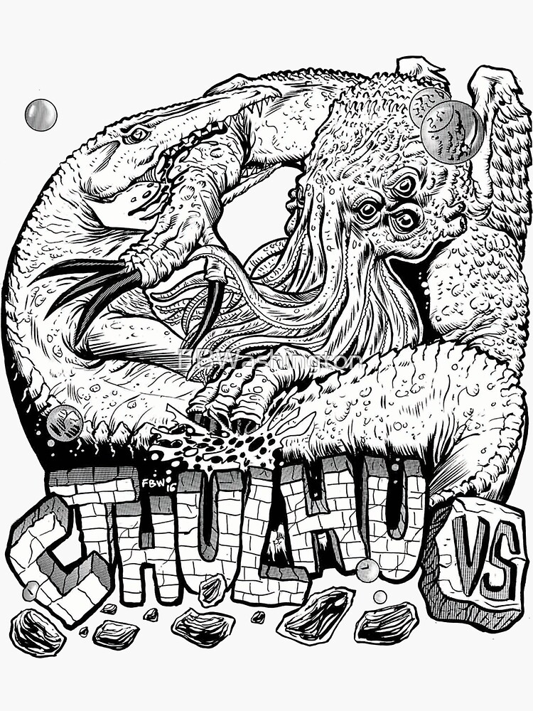 Thumbnail 3 of 3, Sticker, Cthulhu Vs Mosasaur designed and sold by FBWashington.