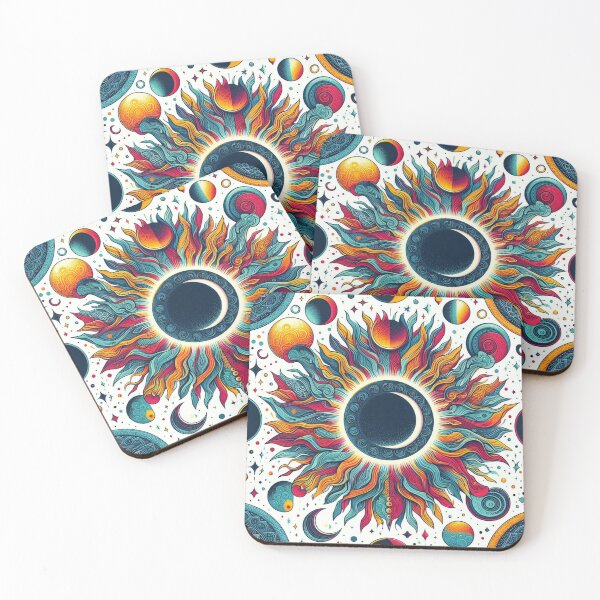 Item preview, Bright Colorful Celestial Eclipse Drawing Illustration Mid Mod designed and sold by CoffeeIsATrip.