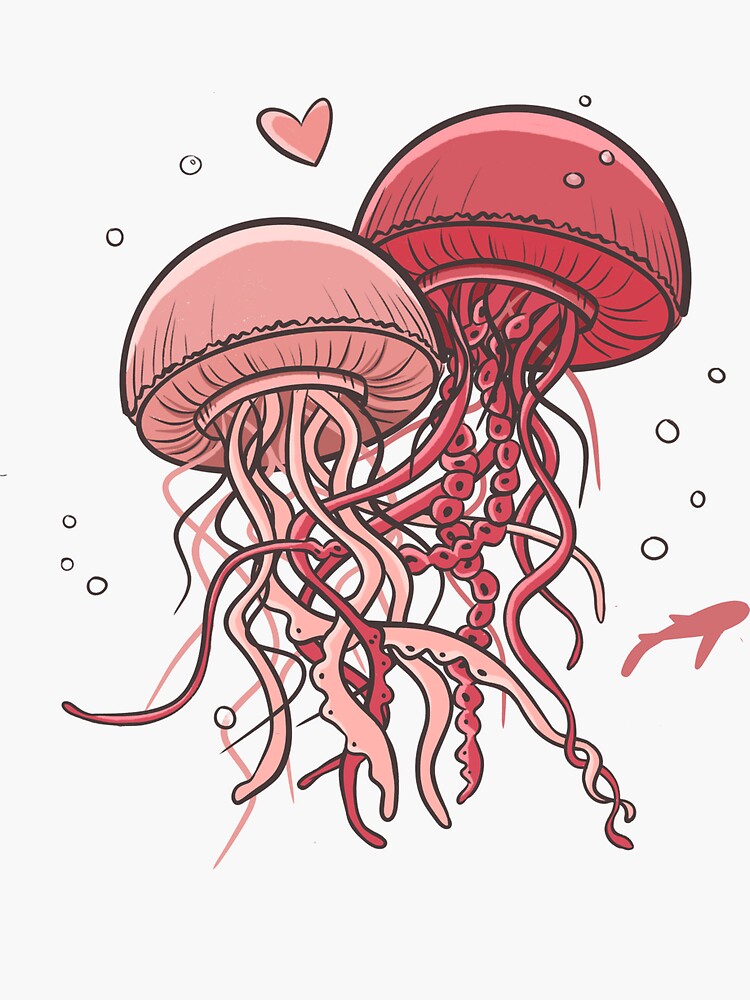 Aperçu 3 sur 3. Sticker avec l'œuvre Épris de toi - Méduses rose et rouge créée et vendue par emiliewhite.