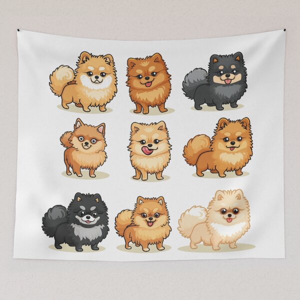 Item preview, Set of Nine cheerful cartoon Pomeranian dogs in different poses and colors. Cute and happy illustration. designed and sold by PrintsByVickson.