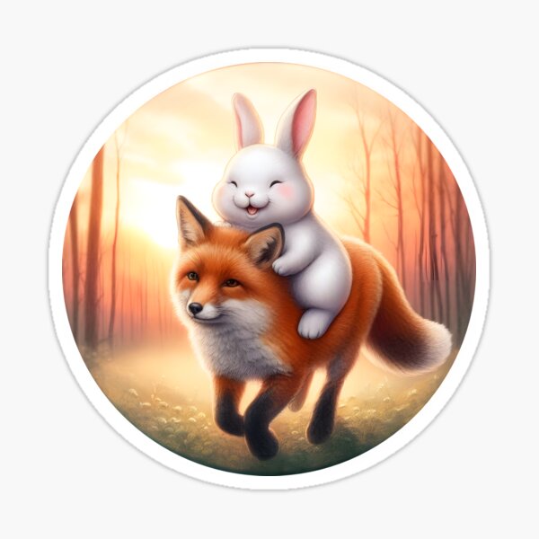 Cute white rabbit rides on a fox: watercolor Sticker