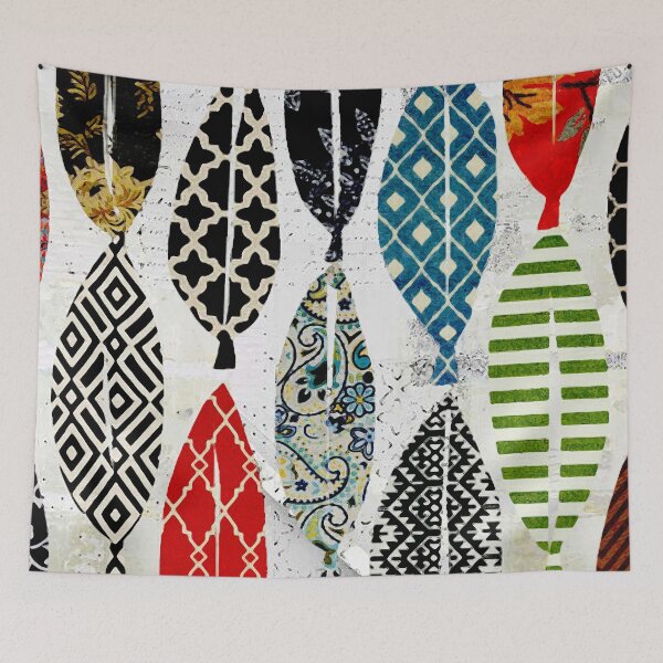 Item preview, Hand Cut Leaf Pattern in Teal, Orange, Navy, Black & White designed and sold by Sheree Burlington.