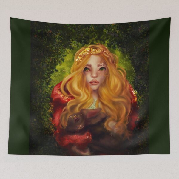 Item preview, Fairycore Wall Art: "God Save The King" features a young fairy heroically rescuing the injured Rabbit King in a lush forest setting designed and sold by Monica Laipple.