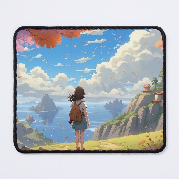 Item preview, Girl Overlooking Serene Ocean and Blossoming Landscape designed and sold by ArtComixHaven.