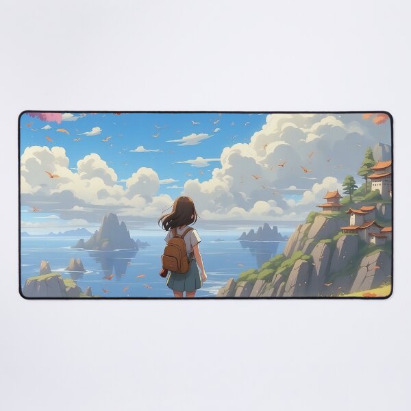 Item preview, Girl Overlooking Serene Ocean and Blossoming Landscape designed and sold by ArtComixHaven.
