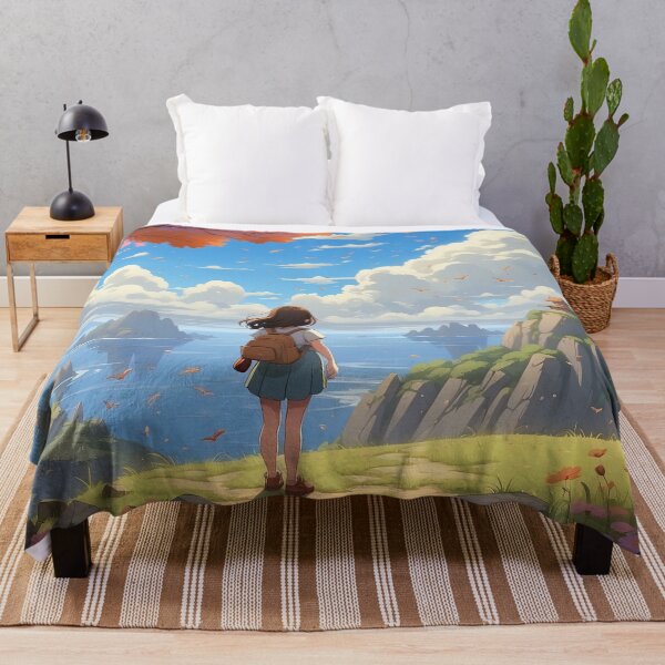 Item preview, Girl Overlooking Serene Ocean and Blossoming Landscape designed and sold by ArtComixHaven.