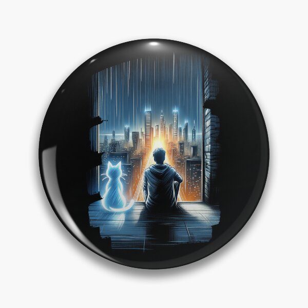 Item preview, Anime Nighttime Vigil - Boy and Spirit Cat Overlooking City designed and sold by RuyaFab.