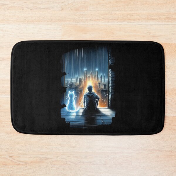Item preview, Anime Nighttime Vigil - Boy and Spirit Cat Overlooking City designed and sold by RuyaFab.