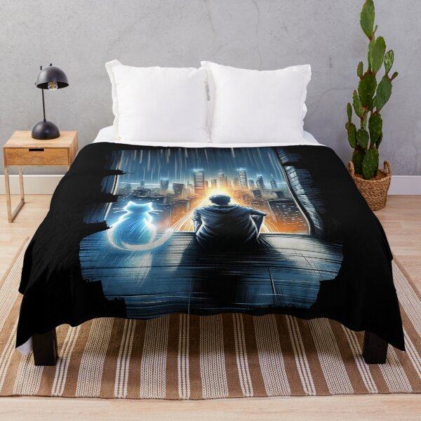Item preview, Anime Nighttime Vigil - Boy and Spirit Cat Overlooking City designed and sold by RuyaFab.