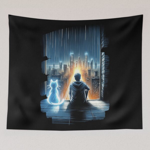 Item preview, Anime Nighttime Vigil - Boy and Spirit Cat Overlooking City designed and sold by RuyaFab.