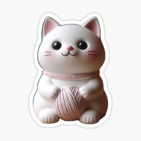 Cute Cat Figurine With Pink Yarn Ball Sticker