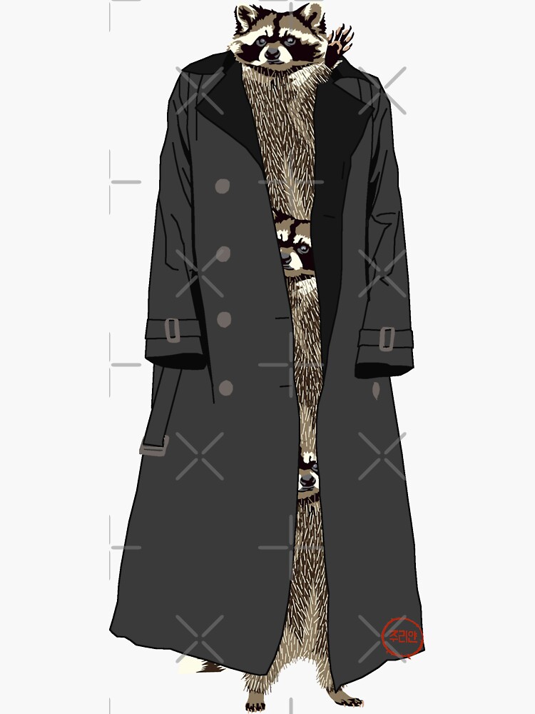 three raccoons in a trench coat