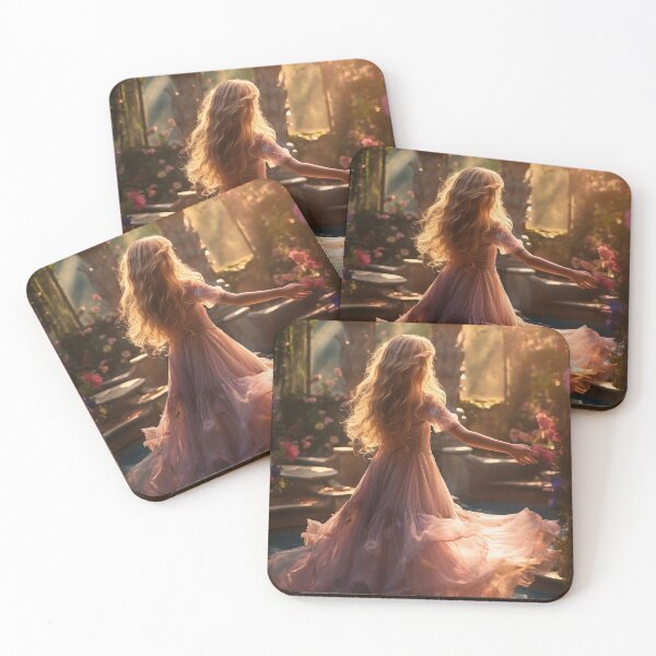 Item preview, Sunlit Fountain Serenade - Graceful Lady in Flowing Dress, Enchanted Rose Garden, Vintage Fountain Glow, Romantic Twilight Photography designed and sold by ArcaneVisions.