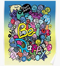 Be Happy Doodle Monsters Poster