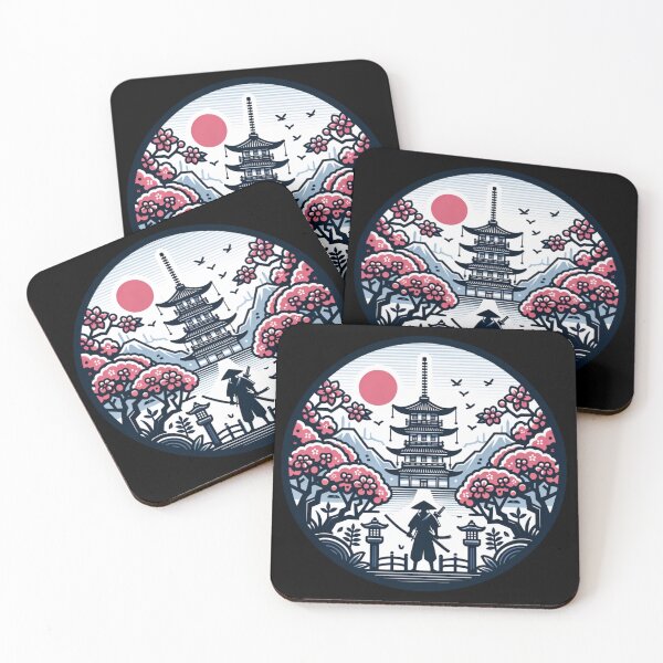 Item preview, Japanese landscape with samurai, cherry blossoms, pagoda, modern style designed and sold by Pflugart.
