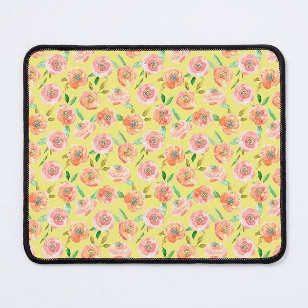 Peach Peony Watercolour Print in Citrus Yellow Mouse Pad