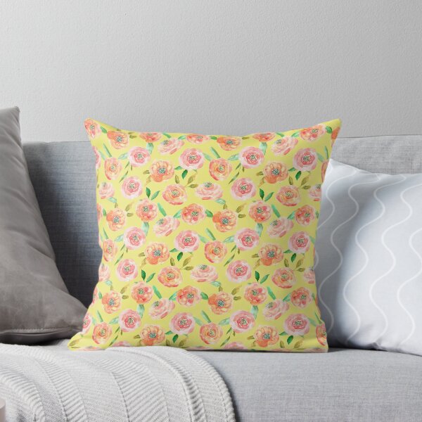 Peach Peony Watercolour Print in Citrus Yellow Throw Pillow