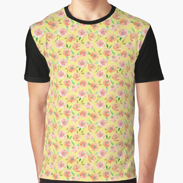 Peach Peony Watercolour Print in Citrus Yellow Graphic T-Shirt