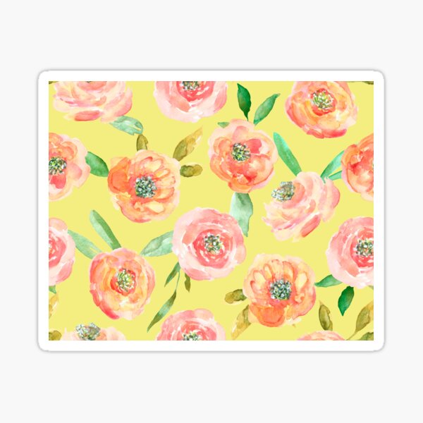 Peach Peony Watercolour Print in Citrus Yellow Sticker