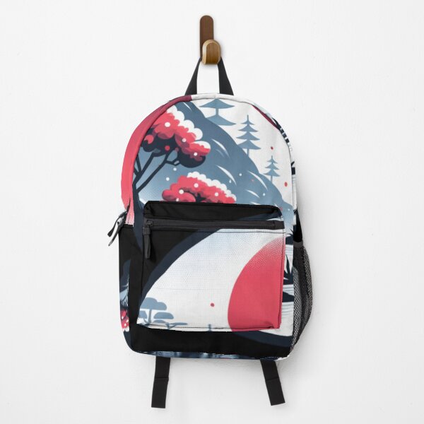 Item preview, Japanese landscape with red sun, cherry blossoms, pagoda, modern style designed and sold by Pflugart.