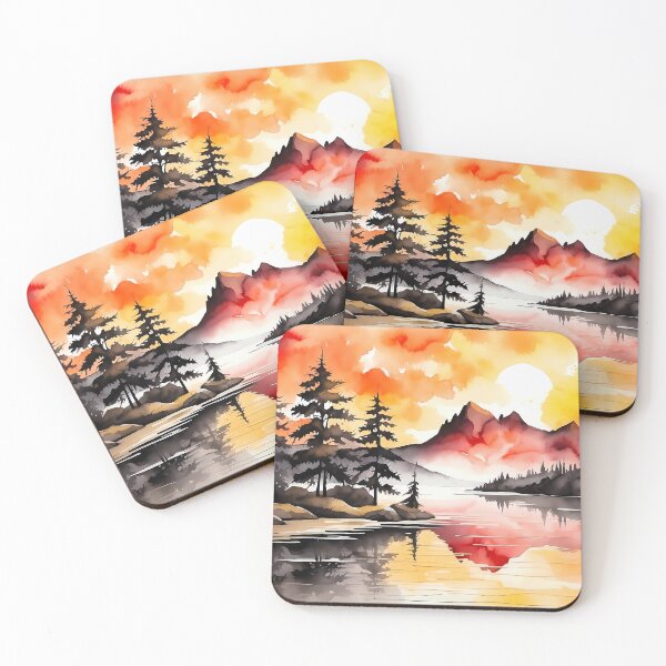 Item preview, Sunset over a Lake with Trees and a Mountain, Watercolor Wash over Inks designed and sold by Chicandcool.