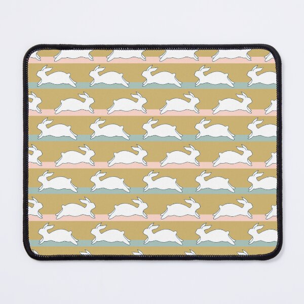 Item preview, white running rabbits on colorful stripes designed and sold by colorofmagic.