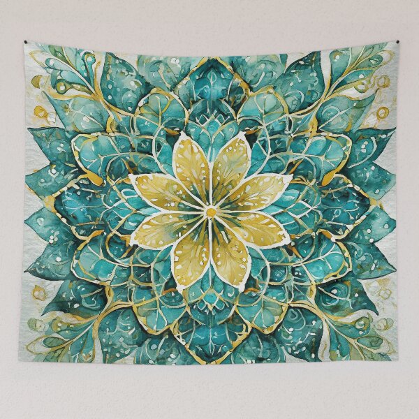 Artikelvorschau, Gelbes und blaugrünes Aquarell-Mandala entworfen und verkauft von HarmonyandSage.