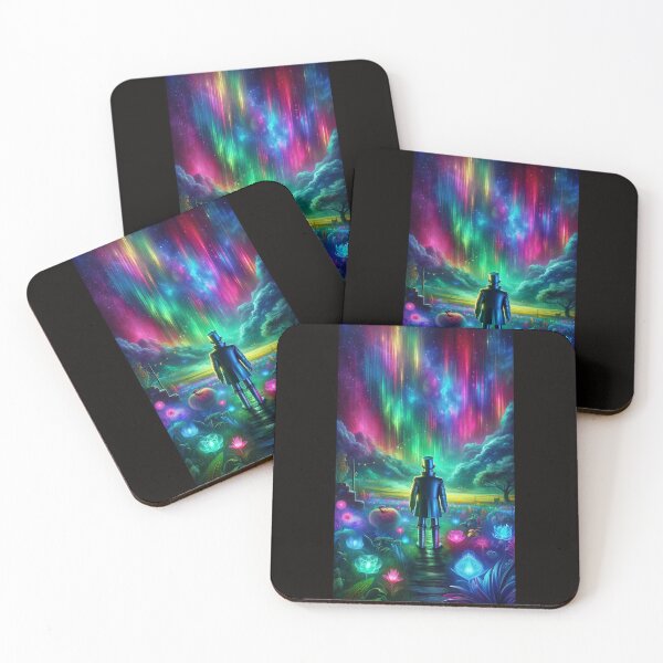 Item preview,  A mystical portrait of the Tin Man standing in a surreal, vibrant field, looking up at an array of colorful auroras in the sky designed and sold by quantum X.
