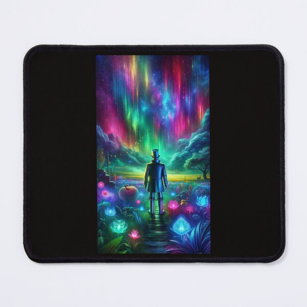 Item preview,  A mystical portrait of the Tin Man standing in a surreal, vibrant field, looking up at an array of colorful auroras in the sky designed and sold by quantum X.