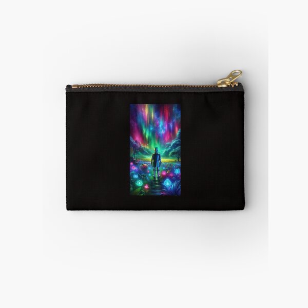 Item preview,  A mystical portrait of the Tin Man standing in a surreal, vibrant field, looking up at an array of colorful auroras in the sky designed and sold by quantum X.