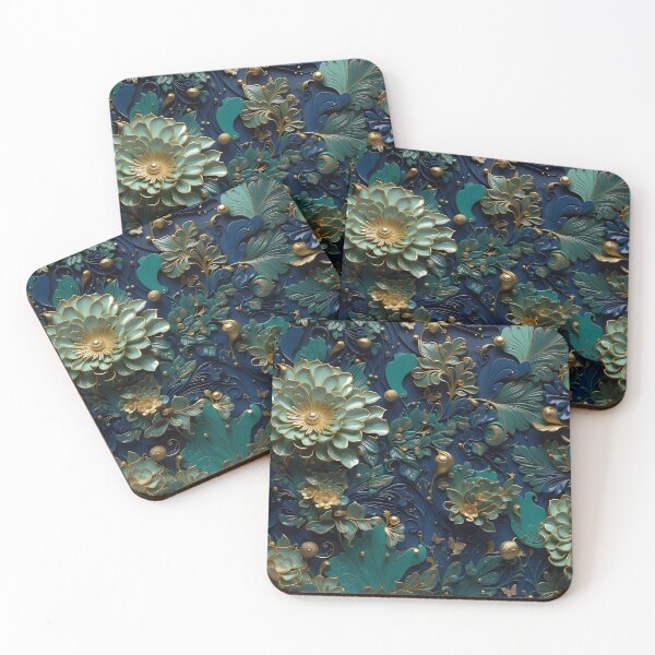 Item preview, Flowers and pearls in shades of blue, turquoise and gold - 3D relief #60 designed and sold by GoldenEraArt.