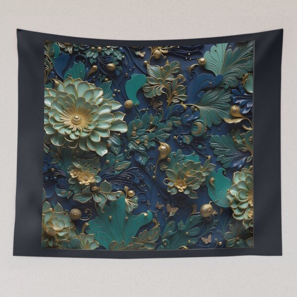 Item preview, Flowers and pearls in shades of blue, turquoise and gold - 3D relief #60 designed and sold by GoldenEraArt.