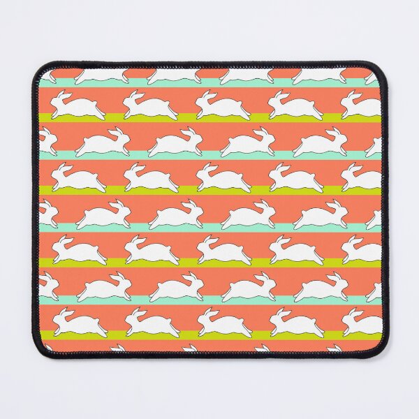 Item preview, white running rabbits on colorful and red stripes designed and sold by colorofmagic.