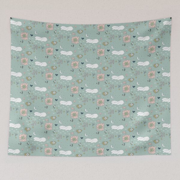 Item preview, Sleeping white rabbits on green meadow at night designed and sold by colorofmagic.