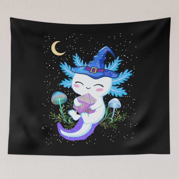 Item preview, DND AXOLOTL, Cute happy axolotl wizard holding D20 dice, mushrooms and night sky moon. designed and sold by DungeonAtelier.