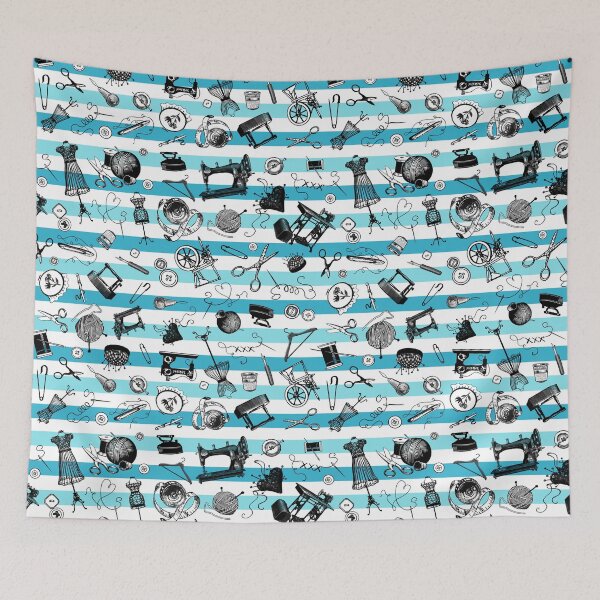 Item preview, Retro handmade symbols. Knitting, sewing, crotchet etc. Stylish blue stripes designed and sold by Drawmecute.